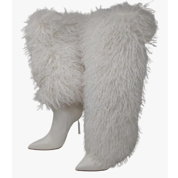 Premium Women White Shaggy Faux Fur Pointed Toe Stiletto Knee High Boots Size 9 - Picture 8 of 8